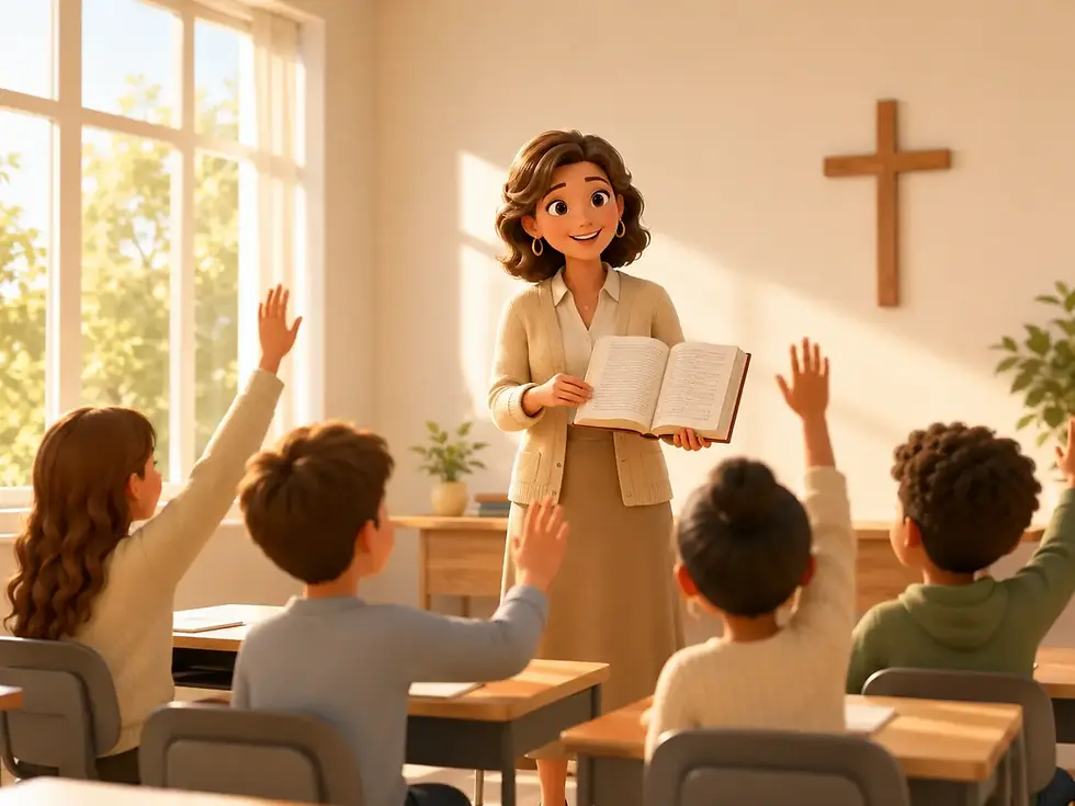 A female teacher holds an open book toward students with raised hands in a bright minimalist classroom with warm golden light