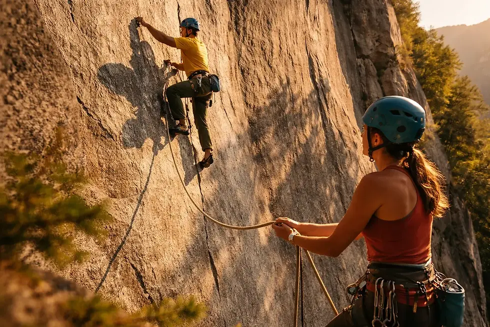 Rock climber belaying a partner on a cliff face representing peer accountability and mutual trust from Lencioni