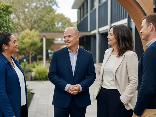 School leaders walking together through a bright modern school courtyard.