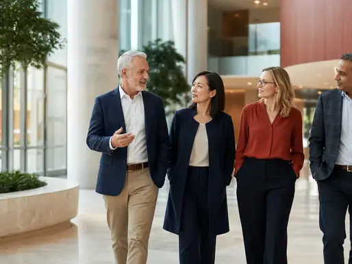 Four healthcare executives standing together in a bright contemporary hospital atrium.