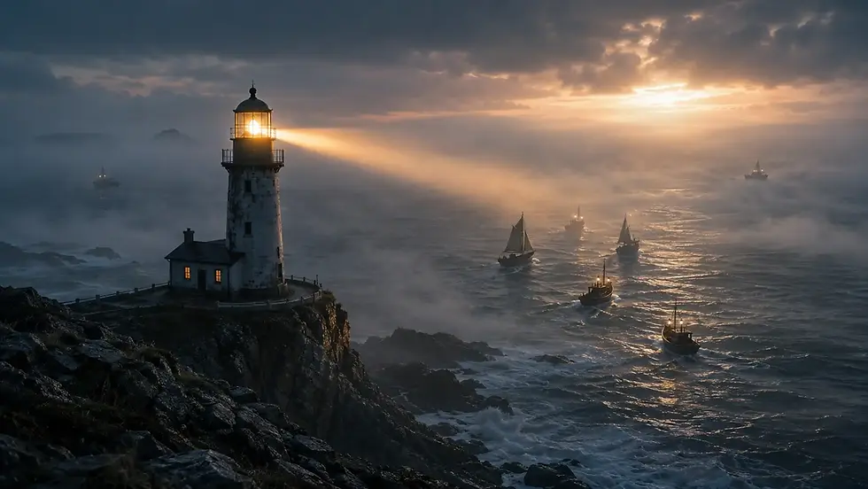 A lighthouse beam cuts through coastal fog at dusk, illuminating small boats navigating toward shore, representing teacher retention thought leadership globally.