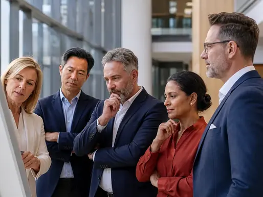 Health system leaders discussing care in a bright hospital atrium.