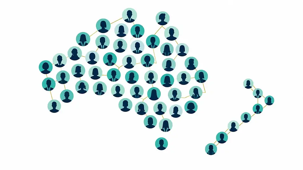 A mosaic of fifty teal and navy professional silhouettes forming the shape of Australia and New Zealand, connected by gold lines on a white background.