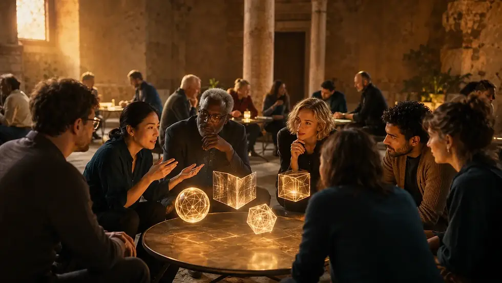 Diverse group of professionals engaged in animated conversation around a table with glowing translucent objects representing organisational knowledge.