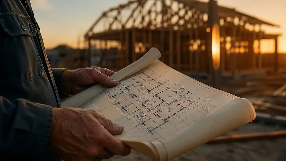 Hands holding residential blueprint at golden hour construction site, representing homebuilding thought leadership