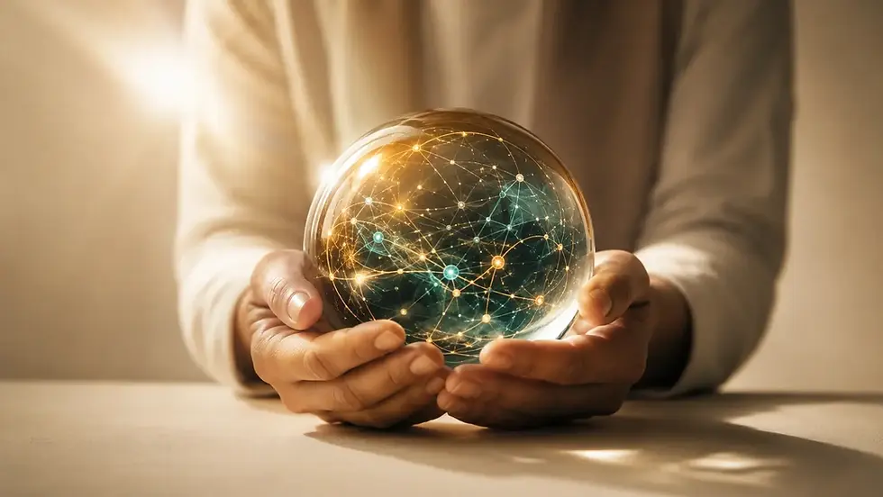 Two hands holding a glass globe with glowing network pattern, cream background, organisational development
