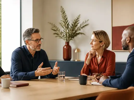 Four people leaders in a calm modern workplace discussing how organisations grow and work well together.