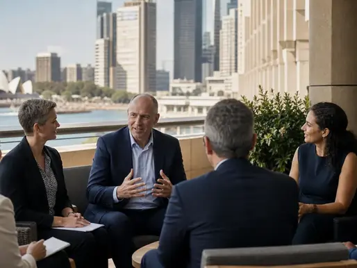 Sydney chamber leaders in conversation around a shared table in a bright city business space.