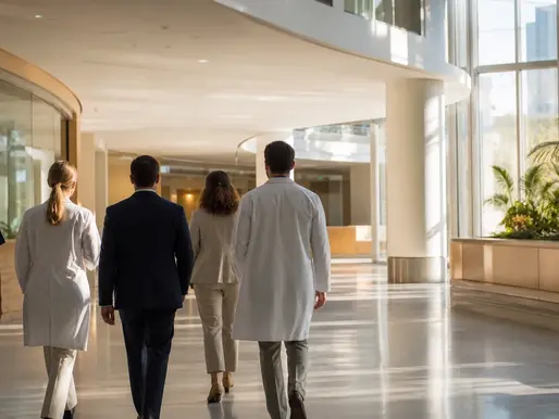 Hospital leaders walking through a bright Queensland hospital