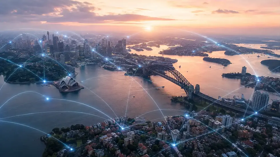 Aerial view of Sydney Harbour at dawn with glowing data flow lines in a neural-network overlay representing ANZ data analytics.