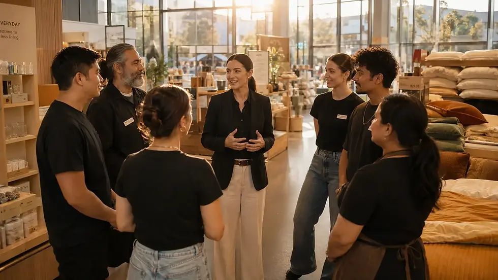 Store manager with retail team in golden-hour conversation, retail leadership Australia New Zealand