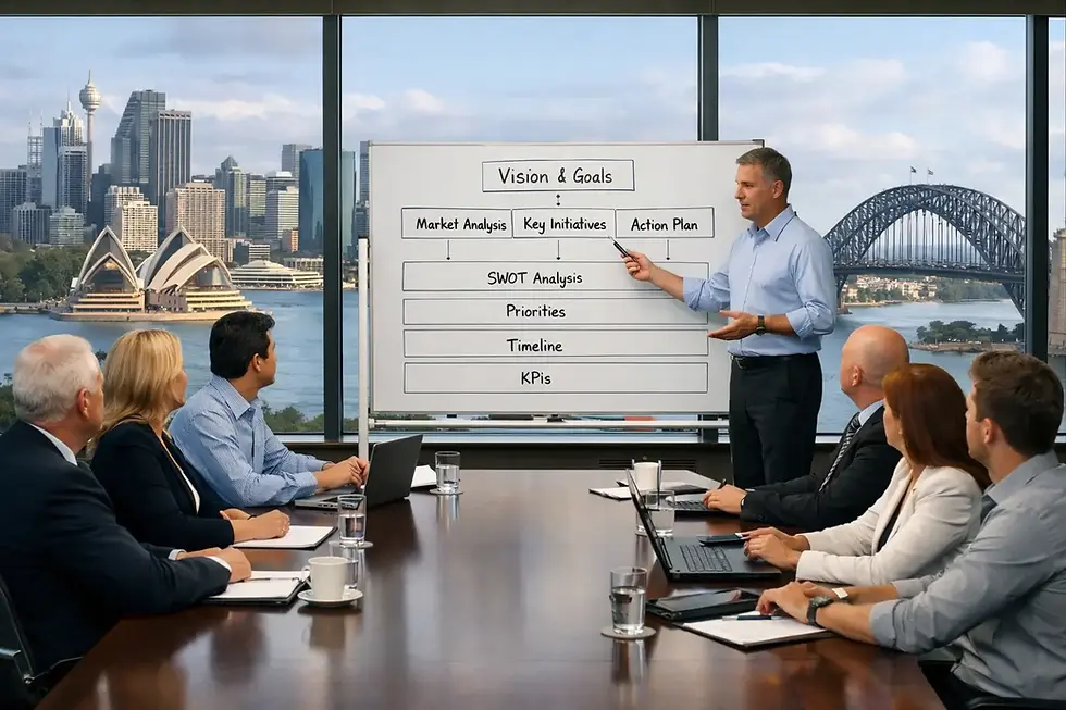 Executive team in a modern boardroom listening to a facilitator present a strategic planning framework on a whiteboard, with Sydney Harbour and the Opera House visible through floor-to-ceiling windows.