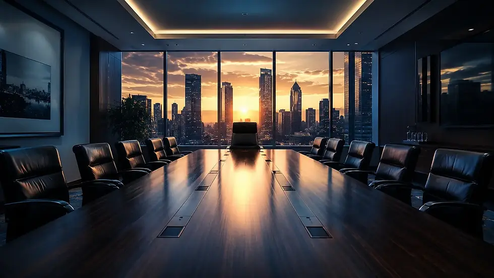 Empty boardroom chair at head of table with city skyline background, representing CEO succession leadership transition