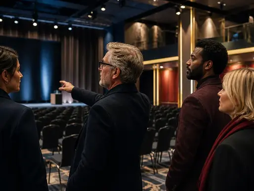 Four event directors reviewing a dark, empty conference venue before an event.