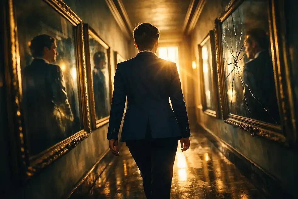 Leader walking confidently past cracked mirrors symbolising managing imposter syndrome in leadership