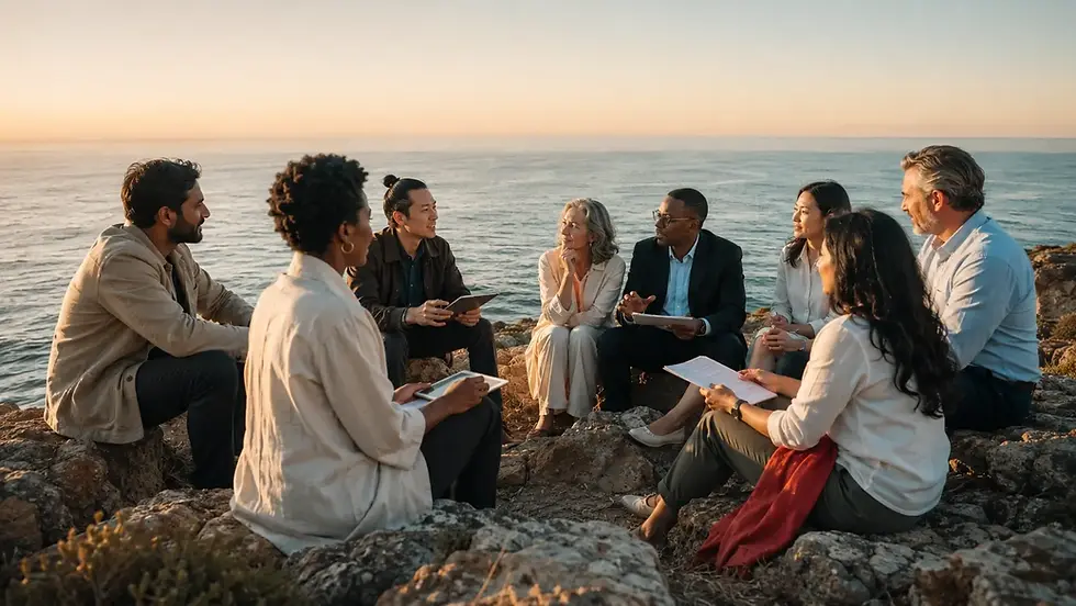 Diverse group of global tourism thought leaders in discussion at an ocean cliff at dawn, representing best thought leaders globally in tourism.