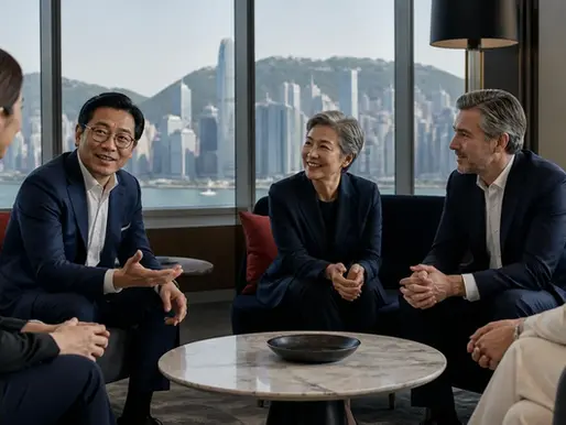 Executive search partners and senior leaders in a bright Asia Pacific meeting room.