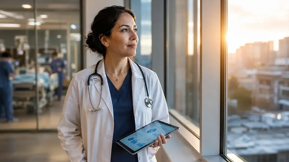 Physician with AI healthcare tablet in hospital corridor representing global thought leaders in health AI