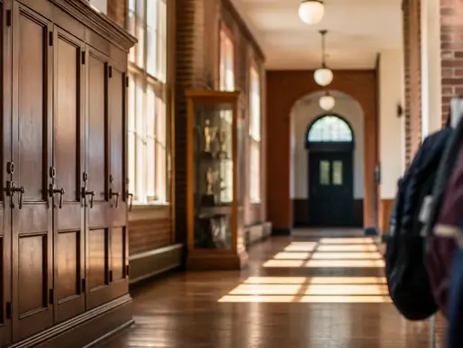 Sunlit school hallway with wooden lockers, a trophy case and warm light across the wood floor.
