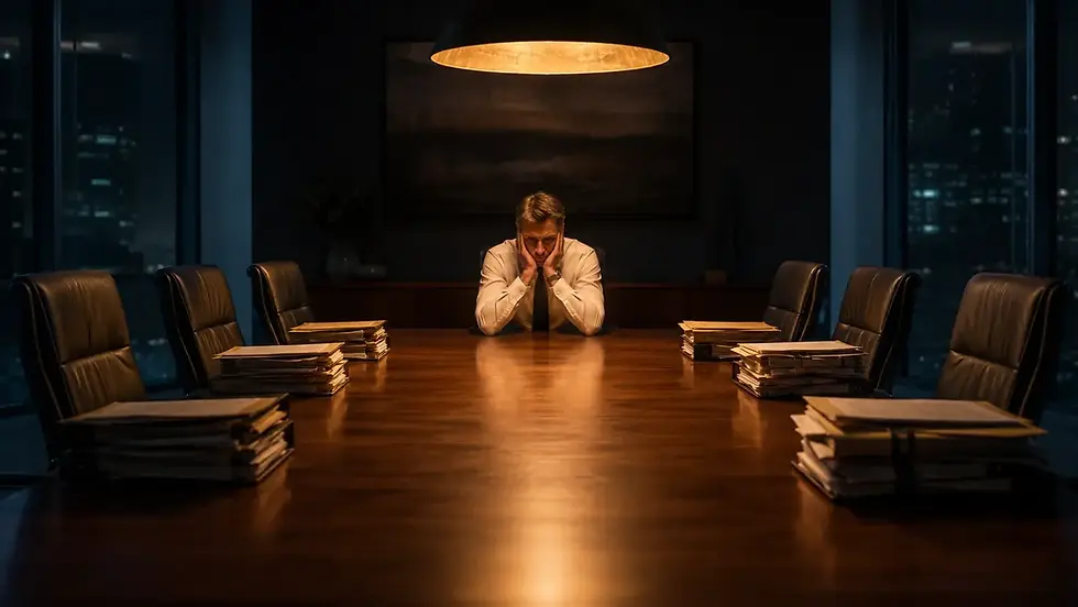 A lone leader at a wide empty desk weighted down by stacked folders, lit by a single overhead lamp, in muted blues and greys.