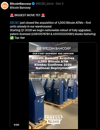Blue Bitcoin ATMs lined up in a warehouse. Text reads: Bitcoin Bancorp acquires 1,000 Bitcoin ATM kiosks; confirms 2026 national deployment.