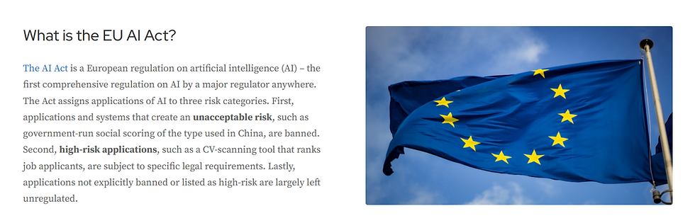 Text describes the EU AI Act, its risk categories, and regulations. An EU flag flies against a blue sky, symbolizing European governance.