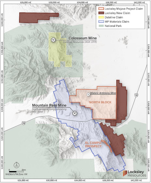 Map showing mine claims in a mountainous region. Labels: Colosseum, Mountain Pass, Historic Antimony Mine, North Block, El Campo Prospect.