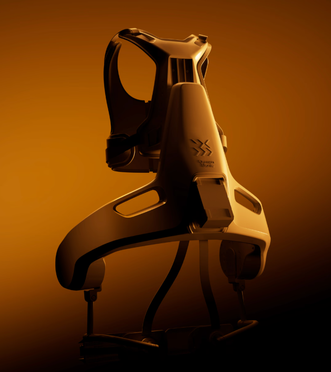 Exoskeleton against an orange background, highlighted in dramatic lighting. Design features visible with a modern, futuristic mood.