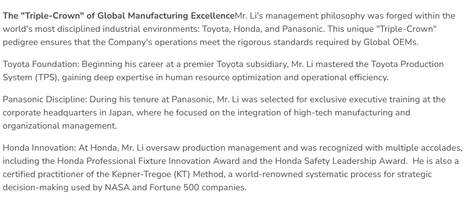 Screenshot of a text article about Mr. Li’s “Triple-Crown” manufacturing excellence, with Toyota, Panasonic, and Honda mentioned.