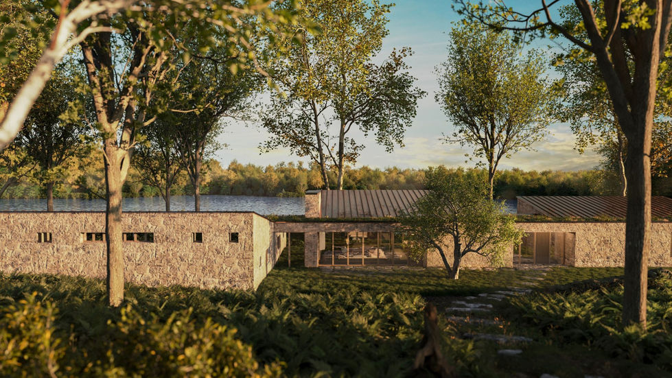 Casa de luxo com paredes de pedra natural e grandes janelas integradas à natureza.