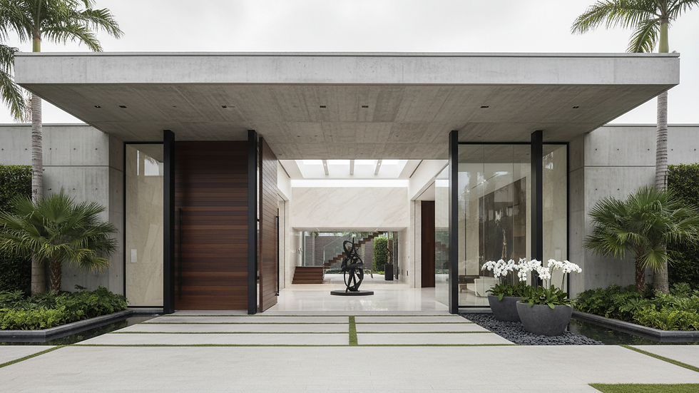 Eye-level view of luxury gated community entrance with lush landscaping