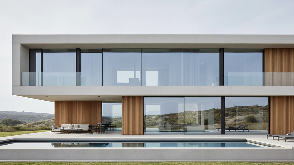 Wide angle view of modern residential facade with large glass windows