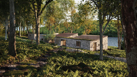 Casa de luxo com paredes de pedra natural e grandes janelas integradas à natureza.