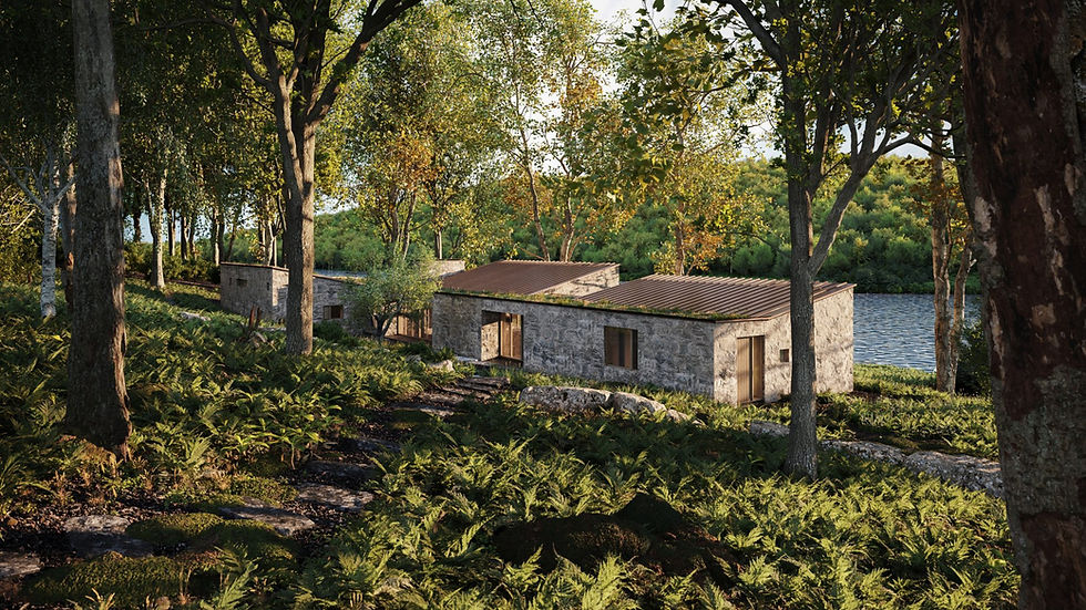 uauhaus - arquitetura biofílica e sustentável: projeto de casa de pedra integrada à natureza e mata nativa com vista para o l