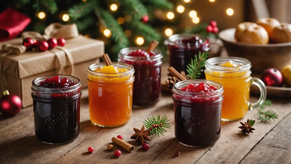 Close-up view of colorful jars of homemade Christmas jam
