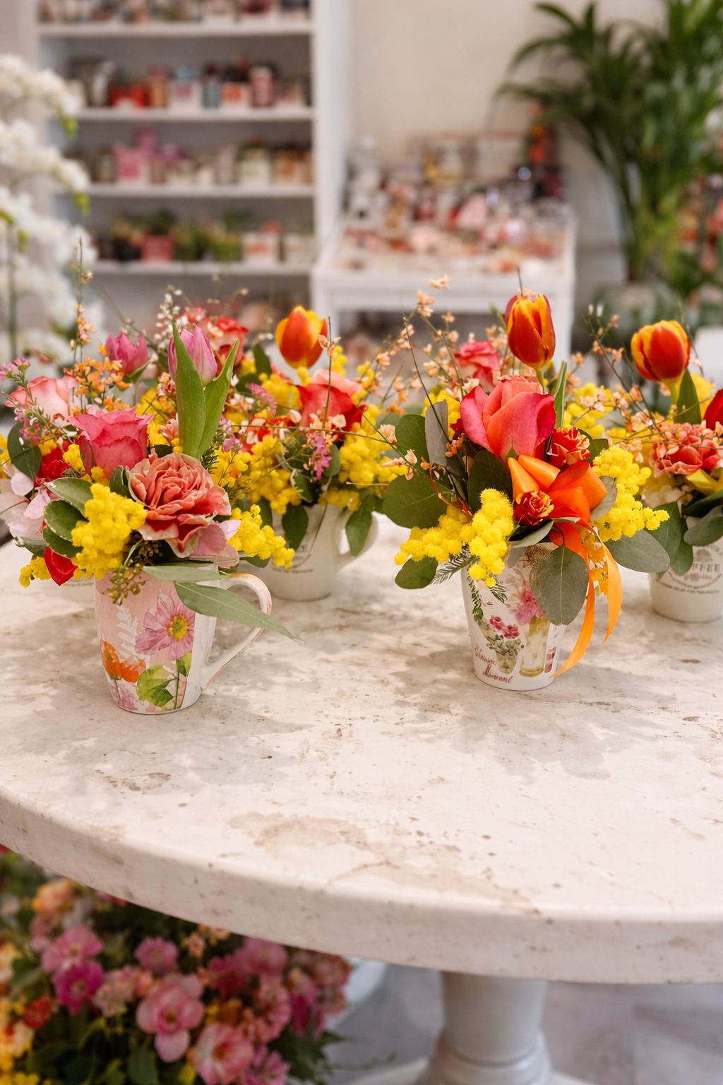 Tazzine fiorite con mimosa (€28)