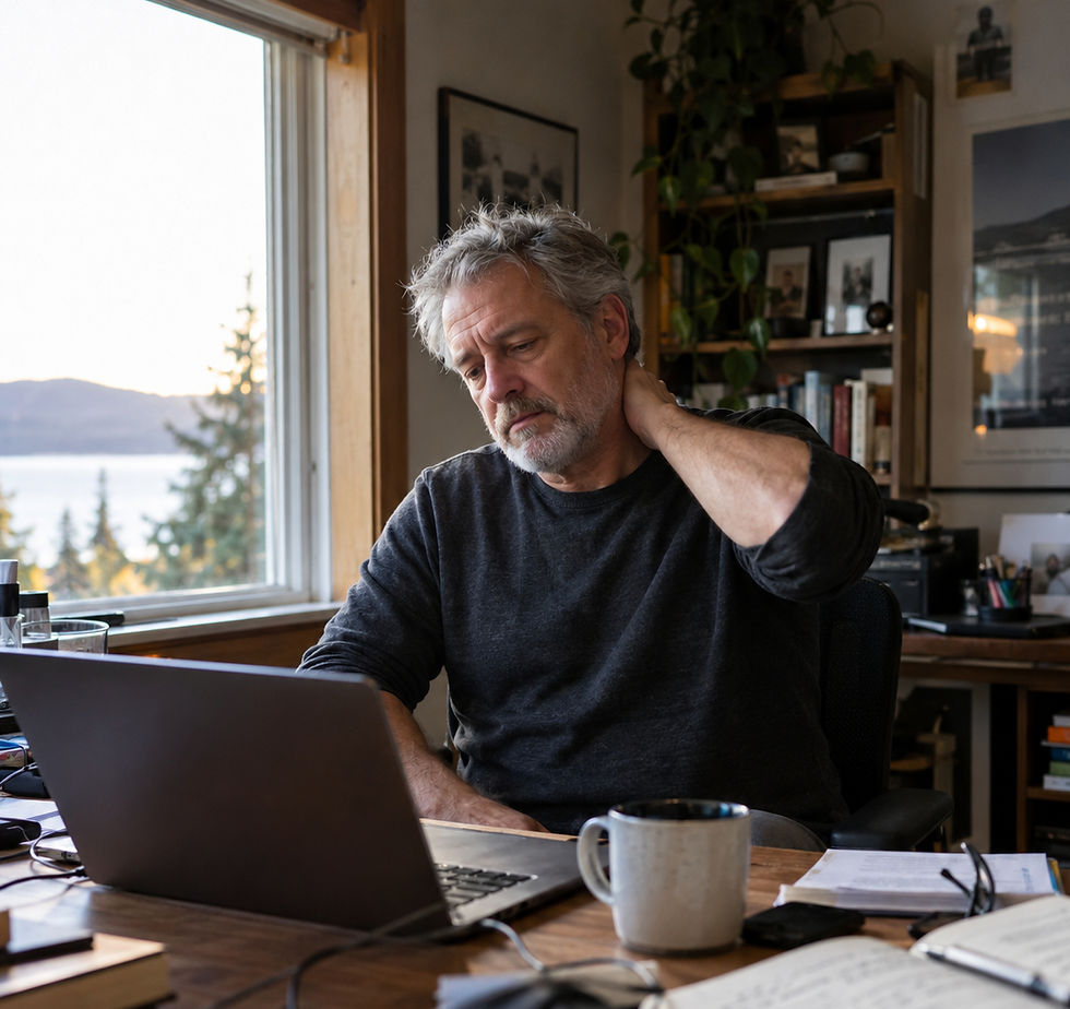 Older man at a desk rubs his neck while using a laptop in a cozy home office with a lake view through the window.