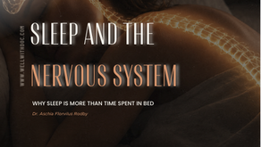 Sleeping woman in bed with glowing brain and spine illustration, warm amber light, dark bedroom, calm medical-style mood