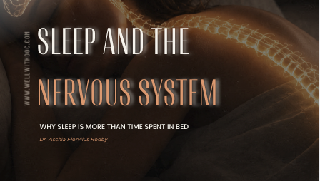 Sleeping woman in bed with glowing brain and spine illustration, warm amber light, dark bedroom, calm medical-style mood