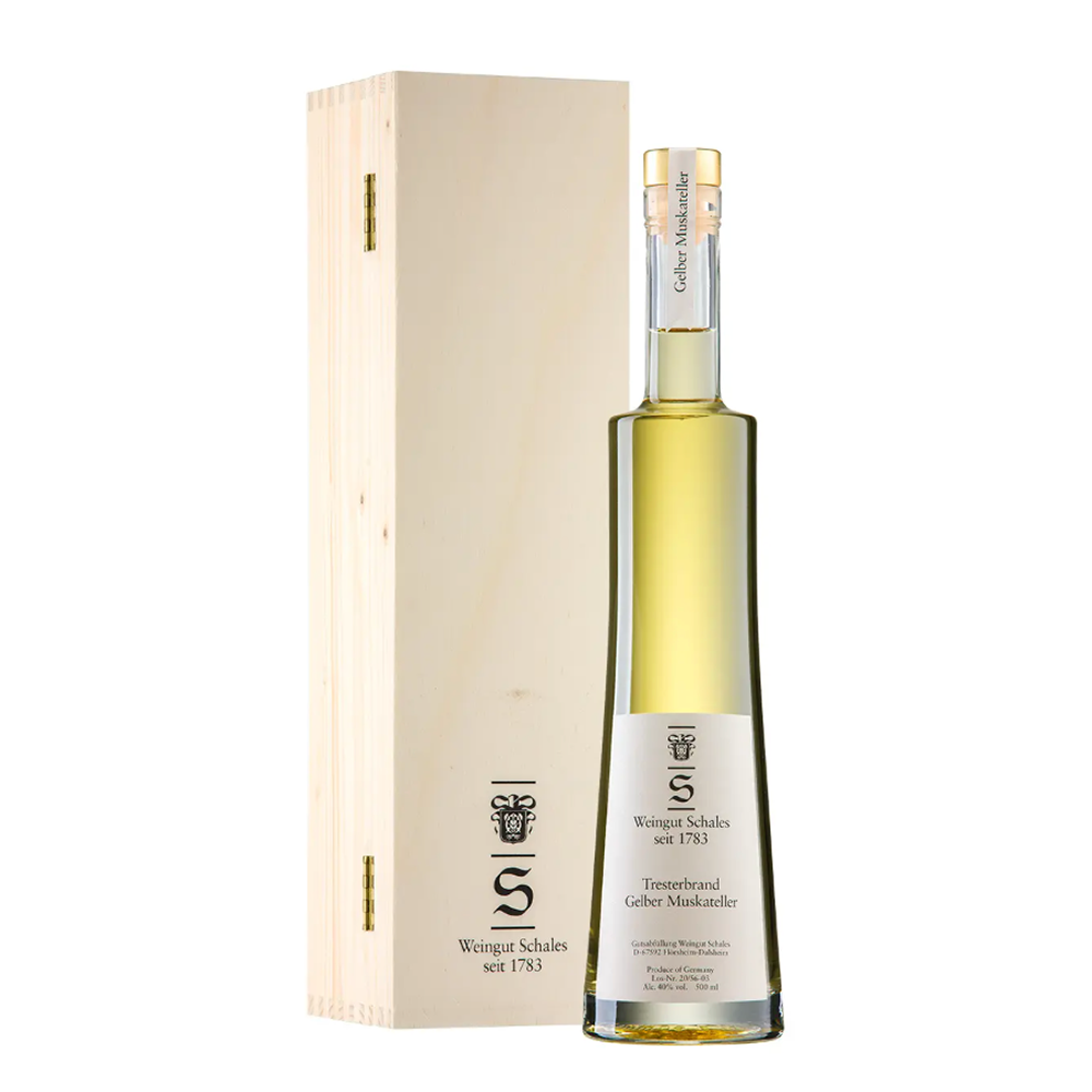 Schales  Gelber Muskateller Tresterbrand & Holzkiste, 37% vol., 0,5L