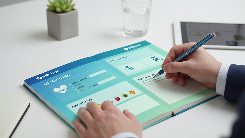 Vista a nivel de ojo de una persona tomando notas en una agenda de salud