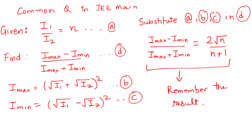 The interference pattern is obtained with two coherent light sources of intensity ratio n. In the interference pattern, the ratio Imax - Imin/ Imax + Imin is given by
