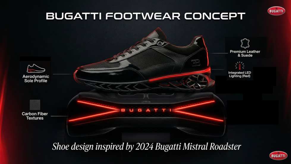 Sleek black shoe with red accents and Bugatti branding.