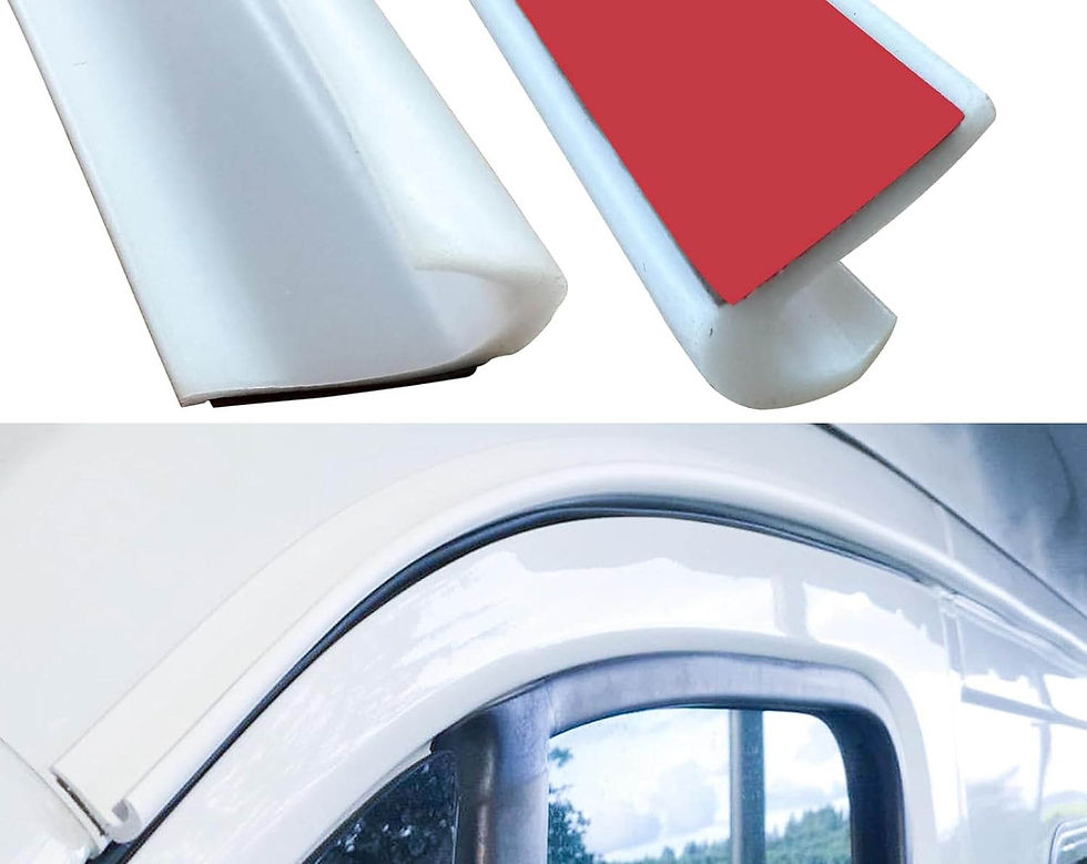 An image of some self-adhesive J-section guttering and an example image of it attached to a motorhome.