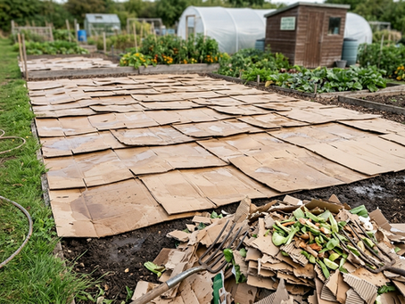 Gardener spreads wood chips on cardboard in lush allotment. Raised beds with tomatoes and flowers. Shed with sign in background.