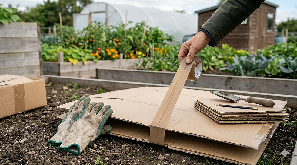 A hand tapes cardboard in a garden with raised beds of vegetables. Nearby are gloves, a trowel, and a pencil. Greenhouse in the background.