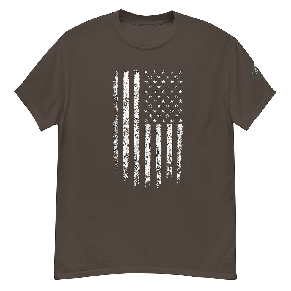 Thumbnail: Distressed American Flag “T” – w/ Flag + Mountain Sleeve Logo
