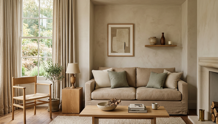 Wide-angle view of a calm living room with a made-to-measure sofa fitting neatly into an alcove