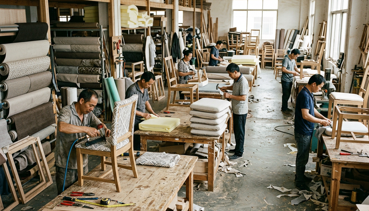 Wide-angle view of furniture makers assembling custom chairs in a Foshan workshop.