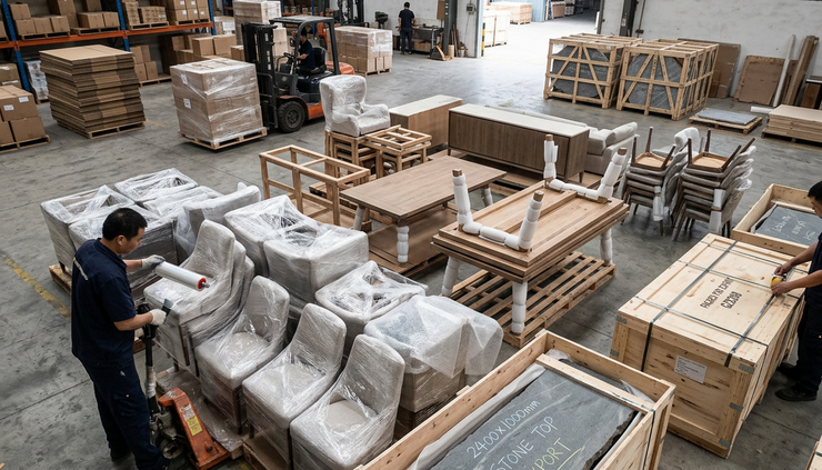 High-angle view of finished custom furniture pieces prepared for export packing.